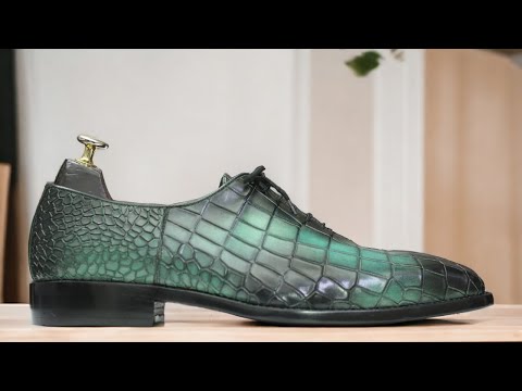 Handmade Men's Alligator Dress Shoes Leather Whole Cut Lace Up Dress Shoes, Alligator Texture Shoes