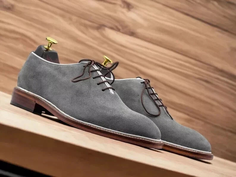 Handmade Grey Suede Whole Cut Oxford Shoe for Men, Classic Dress Footwear
