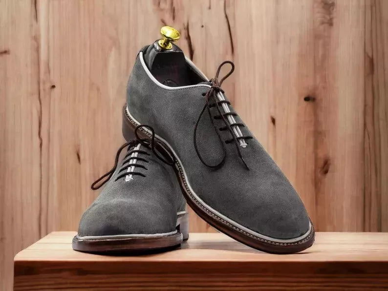 Handmade Grey Suede Whole Cut Oxford Shoe for Men, Classic Dress Footwear