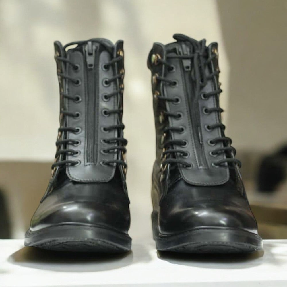 Men's Black Leather Ankle Boots – Army Style Retro Lace-Up Boots