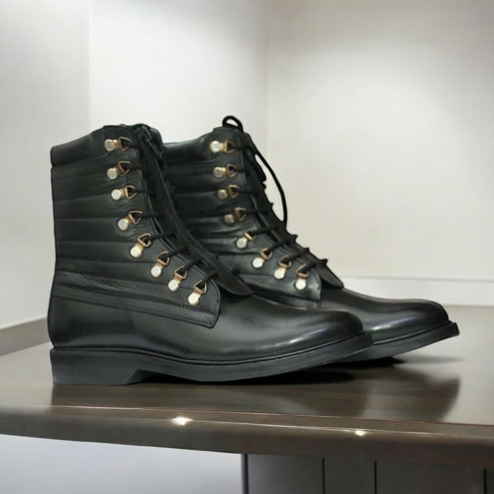 Men's Black Leather Ankle Boots – Army Style Retro Lace-Up Boots