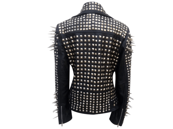 Women Black Brando Punk Silver Long Spiked Handmade Rocker Studded Leather Halloween Jacket - Posh FootwearMen jacket